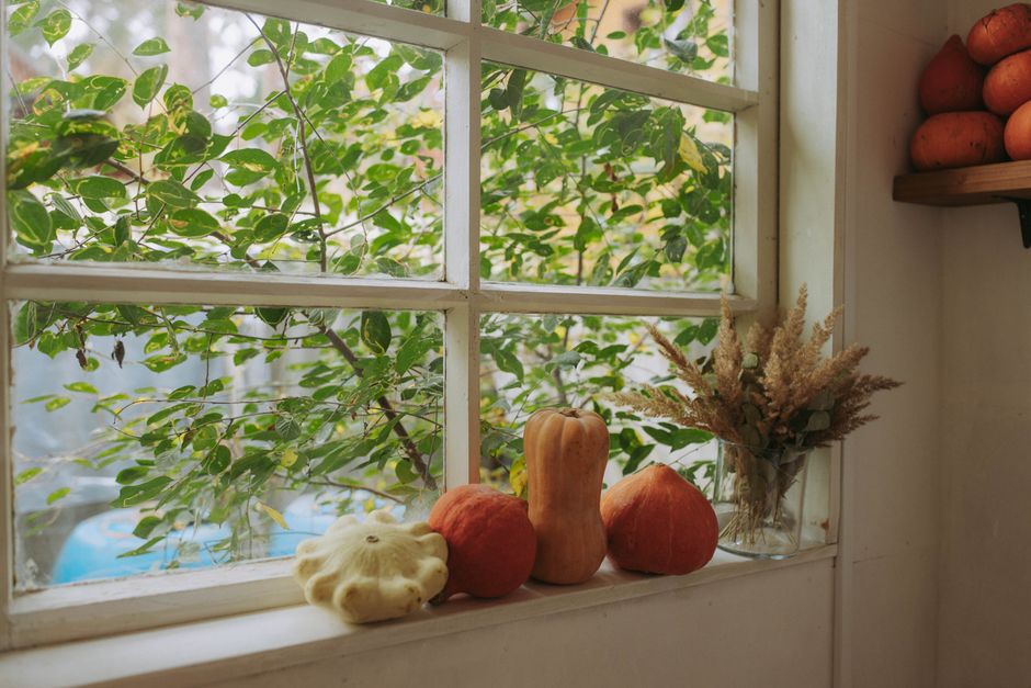 Decoratief raamstuk met mos en herfstplanten. Decoratief raamstuk met mos en herfstplanten.